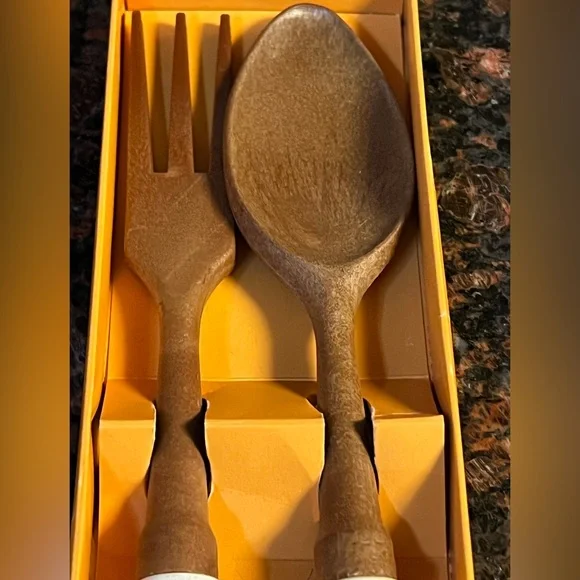 Vintage‎ Disney Mickey Mouse Wood and Ceramic Salad Fork And Spoon Set in Box - Picture 5 of 9